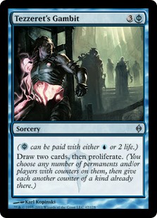 Tezzeret's Gambit
 ({U/P} can be paid with either {U} or 2 life.)
Draw two cards, then proliferate. (Choose any number of permanents and/or players, then give each another counter of each kind already there.)